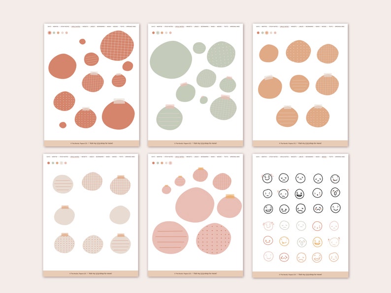 May include: Six printable sheets of stickers featuring various shapes, patterns, and designs. The first sheet has circles with a brown, orange, and red colour scheme. The second sheet has circles with a green and white colour scheme. The third sheet has circles with a brown and orange colour scheme. The fourth sheet has circles with a brown, white, and pink colour scheme. The fifth sheet has circles with a pink and white colour scheme. The sixth sheet has a variety of black and white emoticons.