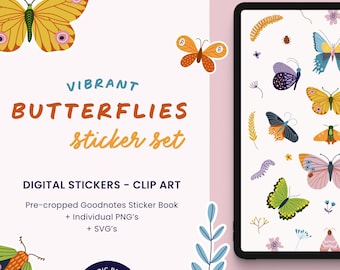 May include: A digital sticker set featuring vibrant butterflies in various colors and patterns. The set includes pre-cropped Goodnotes sticker book images, individual PNGs, and SVGs. The text "VIBRANT BUTTERFLIES sticker set" is displayed on the image.