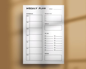 Printable Weekly Planner, Minimalistic handdrawn style template. Downloadable PDF, Monday/Sunday Start, A4/Letter