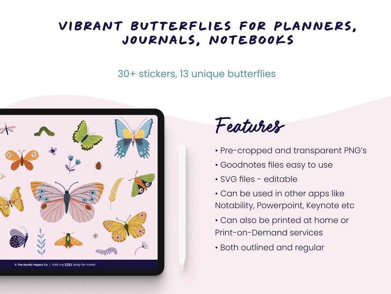 Butterfly Digital Stickers, Goodnotes Planner Stickers (precropped PNG ...