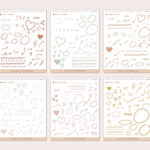 May include: Six printable sheets of stickers featuring a variety of hand-drawn shapes and symbols. The stickers include hearts, circles, arrows, wavy lines, and question marks. The stickers are in shades of brown, pink, and green.