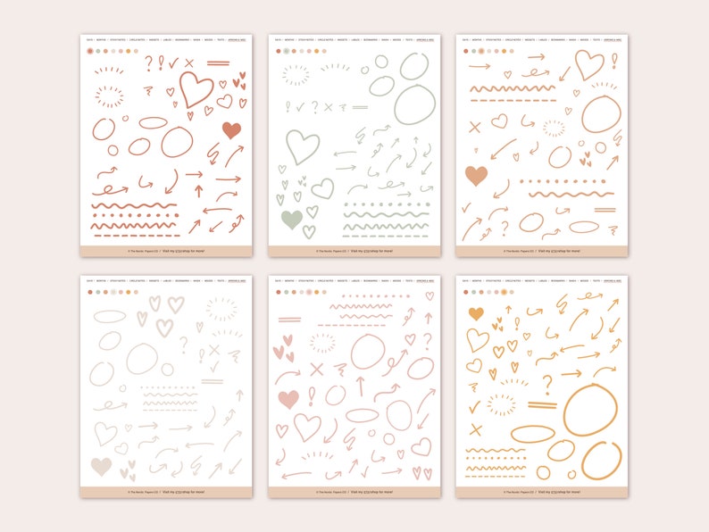 May include: Six printable sheets of stickers featuring a variety of hand-drawn shapes and symbols. The stickers include hearts, circles, arrows, wavy lines, and question marks. The stickers are in shades of brown, pink, and green.