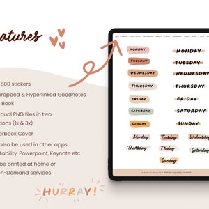 May include: A digital tablet screen displaying a set of colourful digital stickers for Goodnotes. The stickers are for days of the week, with each day having a different colour and design. The text on the screen reads "MONDAY", "TUESDAY", "WEDNESDAY", "THURSDAY", "FRIDAY", "SATURDAY", and "SUNDAY".