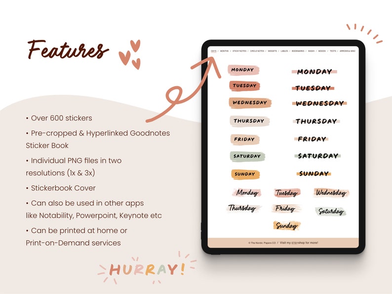 May include: A digital tablet screen displaying a set of colourful digital stickers for Goodnotes. The stickers are for days of the week, with each day having a different colour and design. The text on the screen reads "MONDAY", "TUESDAY", "WEDNESDAY", "THURSDAY", "FRIDAY", "SATURDAY", and "SUNDAY".