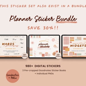 May include: Three digital planner sticker sets with a total of 980+ stickers. The sets include essential words and phrases, planner stickers, and essential daily life widgets. The sticker sets are available in Goodnotes and PNG formats.