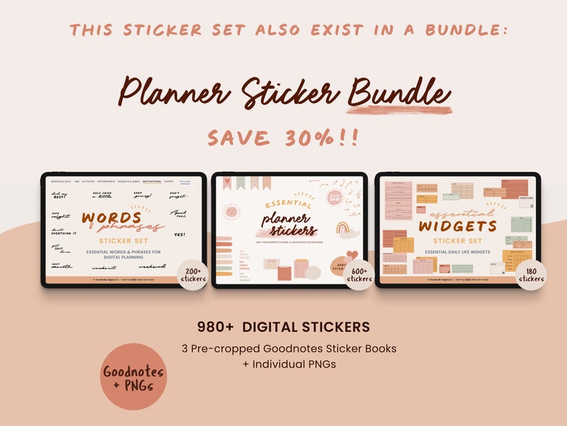 May include: Three digital planner sticker sets with a total of 980+ stickers. The sets include essential words and phrases, planner stickers, and essential daily life widgets. The sticker sets are available in Goodnotes and PNG formats.