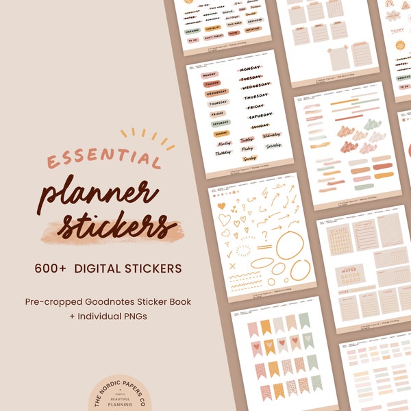 Essential Planner Sticker Set - Digital stickerbook for Goodnotes - Precropped PNG - Digital journal stickers