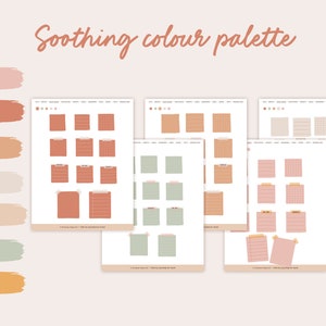 May include: Printable digital planner pages with a soothing colour palette. The pages feature different layouts, including lined, grid, and blank options. The colours are soft and calming, including peach, terracotta, beige, light green, and yellow.