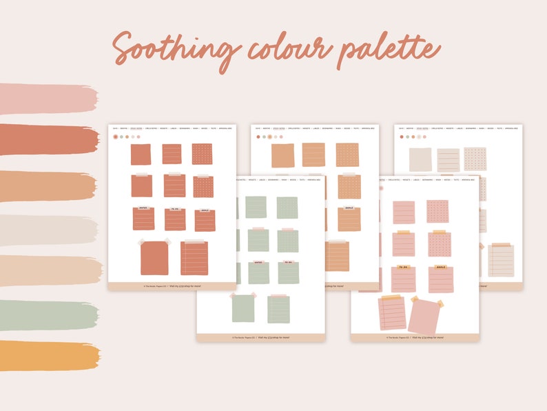 May include: Printable digital planner pages with a soothing colour palette. The pages feature different layouts, including lined, grid, and blank options. The colours are soft and calming, including peach, terracotta, beige, light green, and yellow.