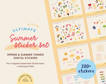 Pegatinas digitales de verano: más de 200 imágenes PNG precortadas para Goodnotes, set de pegatinas para planificador de primavera y verano.