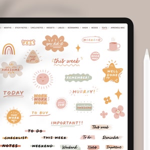 May include: A digital planner screen with colourful stickers featuring motivational phrases like "Yes!" and "You did it!" and "Well Done!"  The stickers are in a variety of shapes and sizes, including clouds, stars, and suns. The planner also includes sections for "To Do", "Checklist", "Notes", and "This Week".