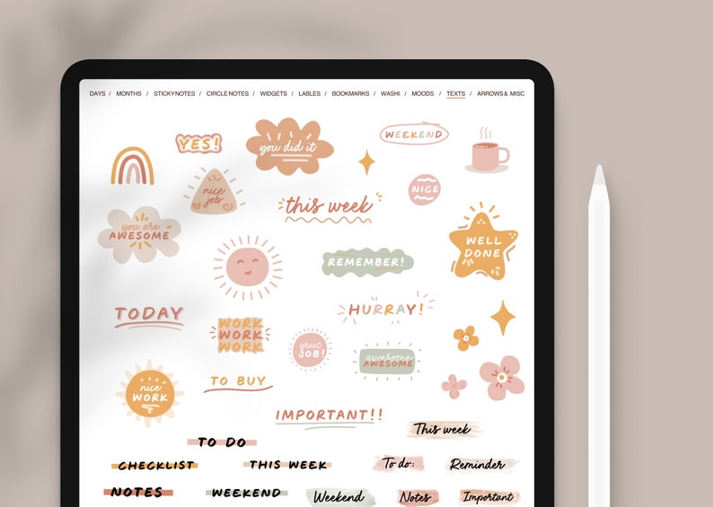 May include: A digital planner screen with colourful stickers featuring motivational phrases like "Yes!" and "You did it!" and "Well Done!"  The stickers are in a variety of shapes and sizes, including clouds, stars, and suns. The planner also includes sections for "To Do", "Checklist", "Notes", and "This Week".