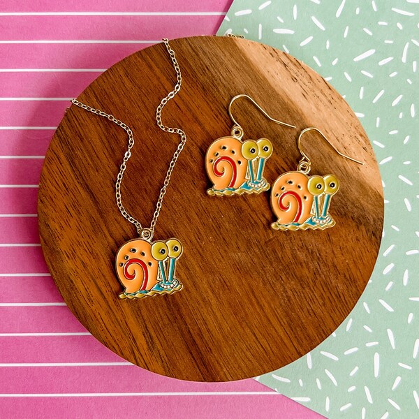 Gary the Snail Set | Snail Necklace | Snail Earrings | Snail Jewelry | Kid Jewelry | SpongeBob Jewelry | Enamel Necklace | Enamel Earrings