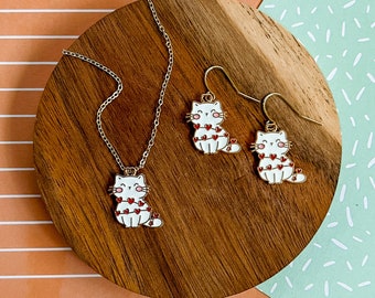 Rose Heart Cat Set | Cat Necklace | Cat Earrings | Cat Jewelry | Kid Jewelry | Heart Jewelry | Enamel Necklace | Enamel Earrings
