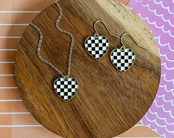 Check Heart Set - Heart Necklace - Heart Earrings - Heart Jewelry - Kid Jewelry - Love Jewelry - Enamel Necklace - Enamel Earrings