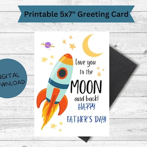 Carte de voeux imprimable pour la fête des pères, je t'aime jusqu'à la lune, carte pour la fête des pères. Impression à domicile, carte imprimable à téléchargement immédiat,