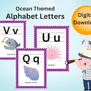 Printable UNDER The SEA Ocean Theme ABC Alphabet Posters Letters A to Z Classroom Decor Instant Download, Homeschool, Boat School