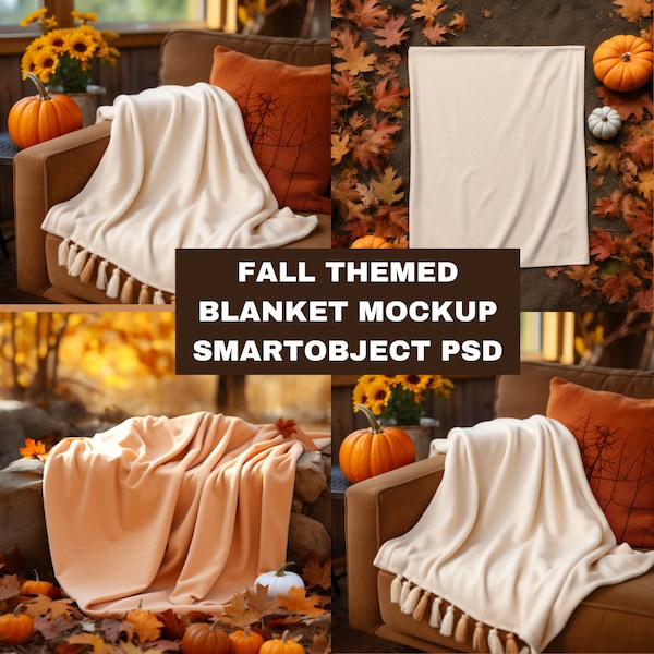 Fall Themed Blanket Mockup Bundle Png, Mockup Png, Blanket Png, White Blanket Mock Up, Blank Blanket, 4 Designs Smart Object PSD