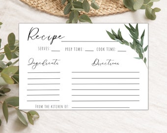 Recipe Card Template Bridal Shower Recipe Card Minimalist Wedding Editable Recipe Card Greenery Printable Recipe Card