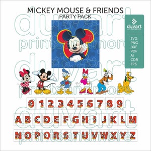 May include: A printable party pack featuring Mickey Mouse and his friends. The pack includes a large image of Mickey Mouse, smaller images of Minnie Mouse, Donald Duck, Daisy Duck, Goofy, and Pluto, as well as a set of numbers and letters.