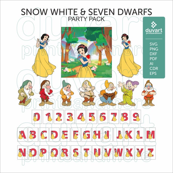 Snow white & seven dwarfs Party pack, grumpy, bashful, dopey, backdrop, Digital product, printable, vector eps ai cdr pdf dxf svg png