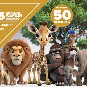 SAFARI ANIMAL CLIPART Png Bundle, Cute Animated Baby Safari Animals Clip art Jpeg, Safari Animals Transparent Background, Digital Download