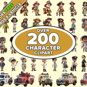 CARTOON CHARACTER WORKERS with jobs occupations Clipart Bundle Set of 100+ Clip Art, Girls & Boys, Cultural Diversity, Kids Sublimation Png