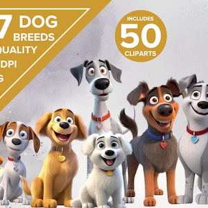 PET DOG BREEDS Clipart Bundle, Cute Animated Puppies & Cartoon Dogs with Transparent Background - Digital Download in Png, Jpeg format