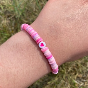 Pink Heart Clay Bead Bracelet