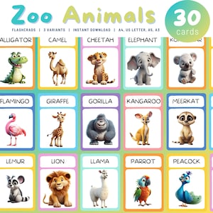 Tarjetas didácticas de animales del zoológico para imprimir, 30 tarjetas Montessori, nomenclatura de animales para niños pequeños, tarjetas imprimibles en PDF para la educación en casa.