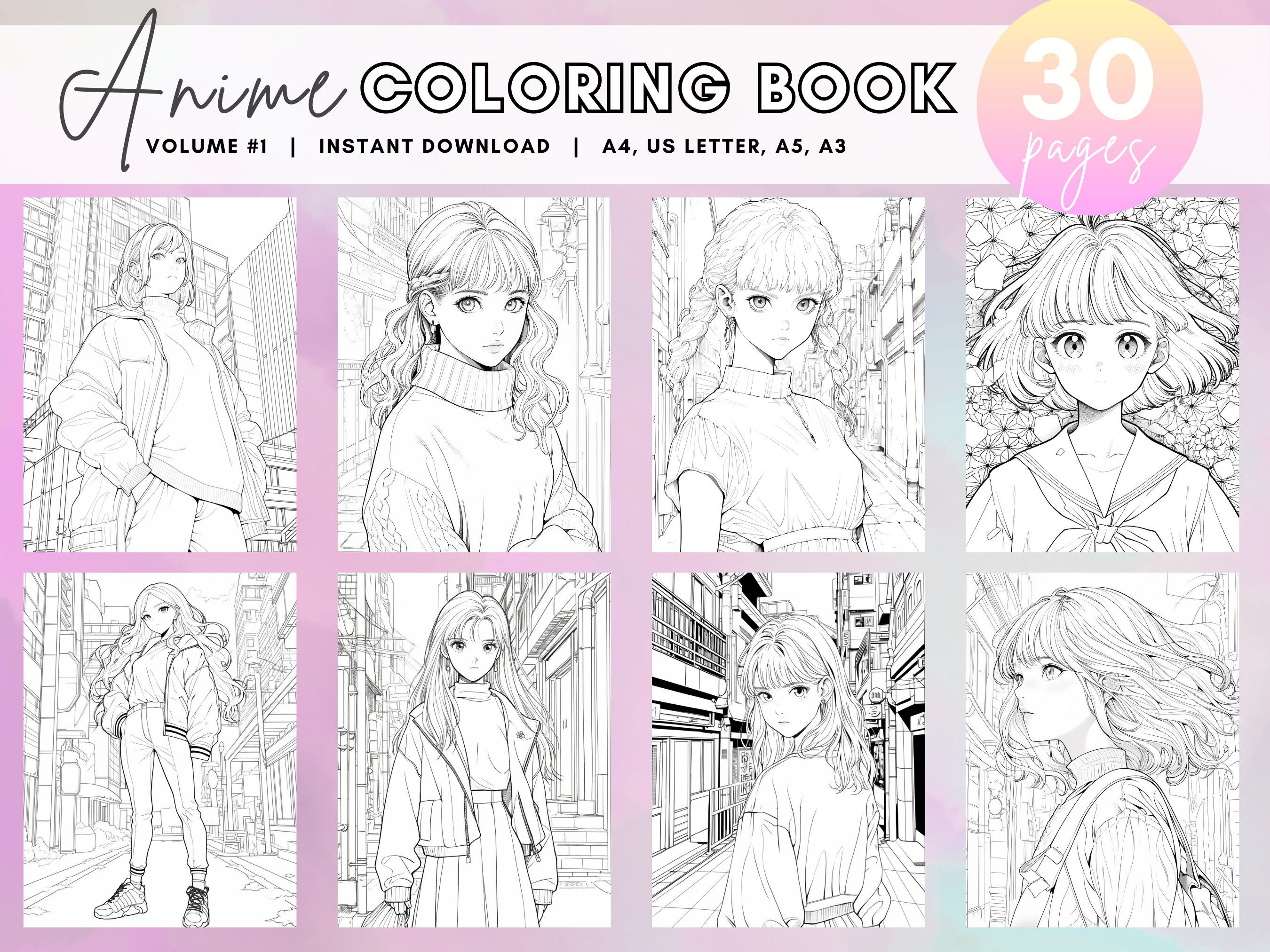 Anime Girls Coloring Book Vol 1, 30 Anime Coloring Pages, Adult ...