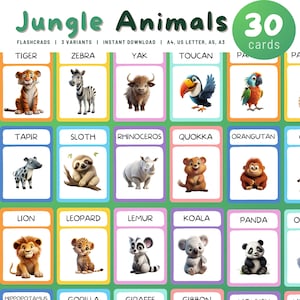 Printable Jungle Animals Flashcards, 30 Montessori Cards Animals Flash Cards Nomenclature Toddler Pdf Printable Cards for Kids Homeschooling