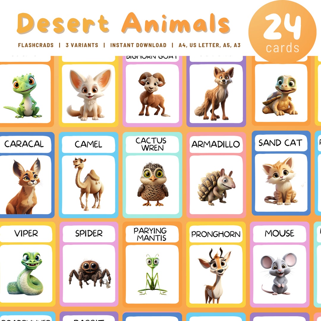 Printable Desert Animals Flashcards, 24 Montessori Cards Animals Flash ...