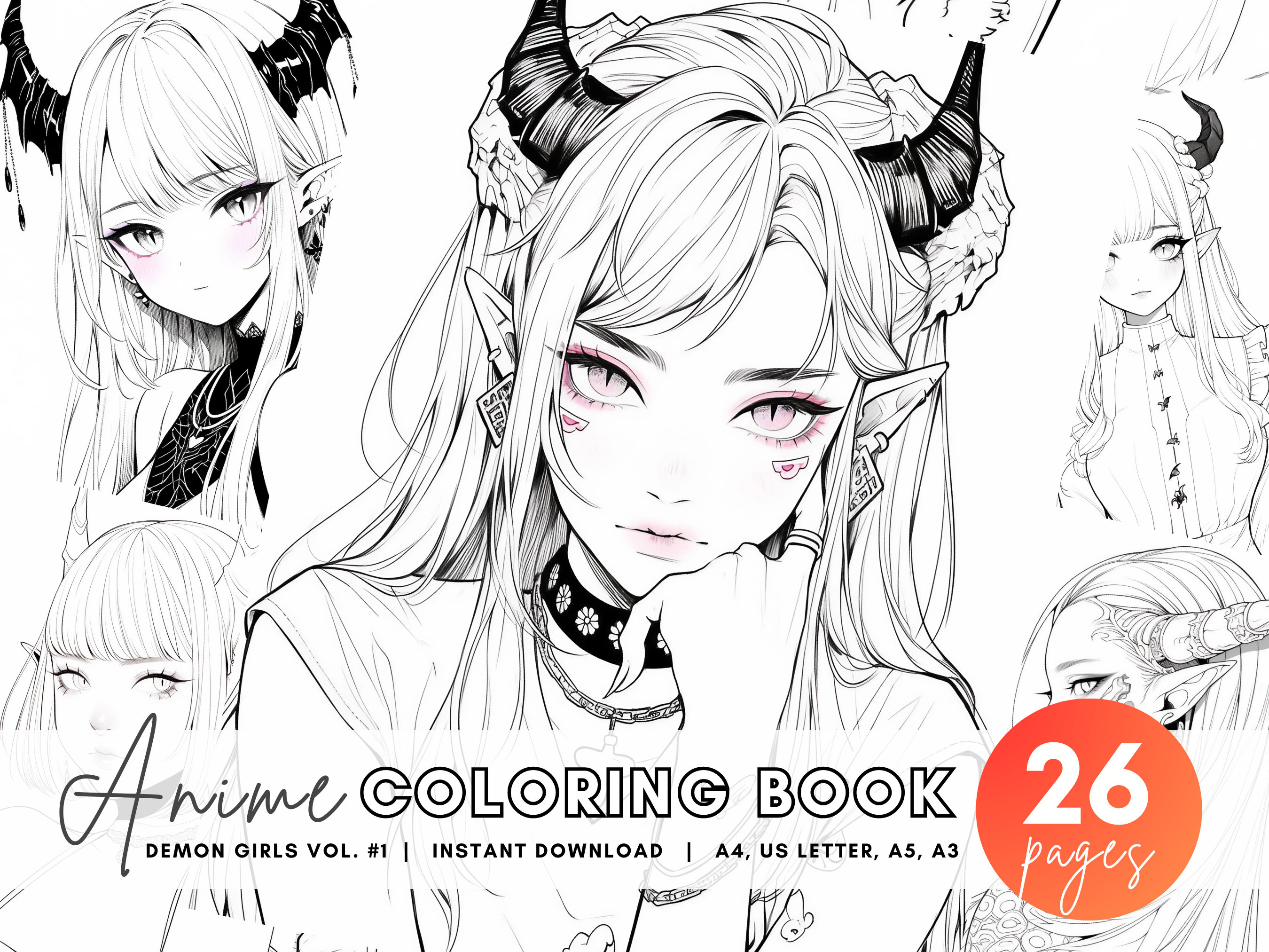 Demon Anime Girls Coloring Book Vol 1, 26 Anime Coloring Pages Anime