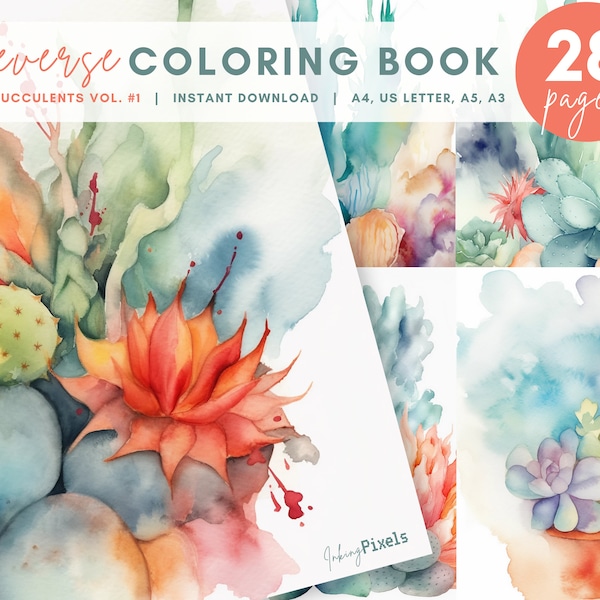 Reverse Coloring Book Succulents Flowers #1, 28 Floral Coloring Pages Adult Coloring Page Book Abstract Color and Chill Cactus Coloring