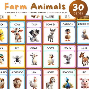 Tarjetas didácticas de animales de granja imprimibles, 30 tarjetas Montessori, tarjetas flash de animales Nomenclatura Tarjetas imprimibles en PDF para niños pequeños para educación en el hogar