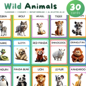 Tarjetas didácticas de animales salvajes imprimibles, 30 tarjetas Montessori, tarjetas flash de animales Nomenclatura Tarjetas imprimibles en PDF para niños pequeños para educación en el hogar