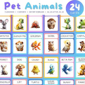 Druckbare Haustier Tiere Karteikarten, 24 Montessori Karten Tiere Flash Karten Nomenklatur Kleinkind Pdf druckbare Karten für Kinder Homeschooling