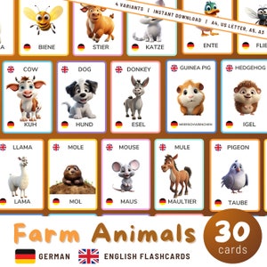 Druckbare Bauernhof Tiere Deutsch-Englisch Karte, 30 zweisprachige Montessori Karten, Tiere Karte Nomenklatur Pdf Karte zum ausdrucken