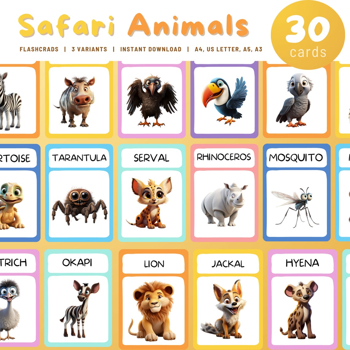 Printable Safari Animals Flashcards, 30 Montessori Cards Animals Flash Cards Nomenclature ...