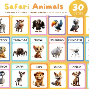 Druckbare Safari Tiere Karteikarten, 30 Montessori Karten Tiere Flash Karten Nomenklatur Kleinkind Pdf druckbare Karten für Kinder Homeschooling