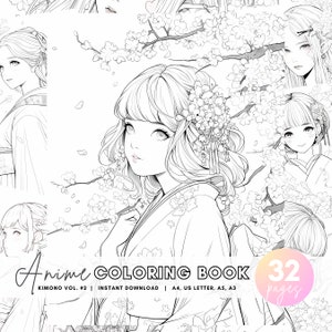 Kimono Girls Anime Coloring Book Vol #2, 32 Anime Coloring Pages Adult Coloring Book PDF Girl Coloring Pages Anime Printable Coloring Pages