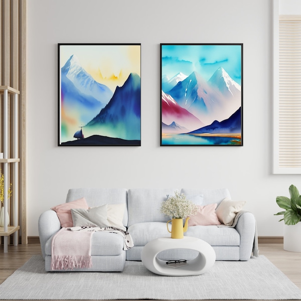 Mountain Landscape Wall Art Prints, 2 Piece Wall Art, Minimalist Wall Decor, Two Set of Abstract Prints Set, 2 Wall Art, Colorful Wall Art