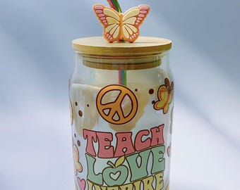 Teach Love Inspire UV DTF Cup Wrap Decal for 16 oz Glass Cup or Tumbler Retro Style Peace Sign Gift For Teacher For Mentor
