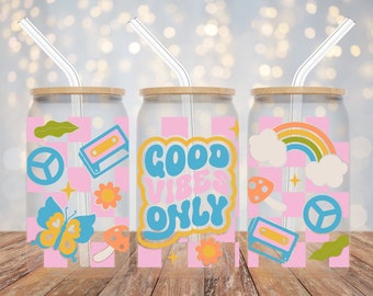 Good Vibes Only UV DTF Cup Wrap Decal for 16 oz Glass Cup or Tumbler Retro Style Peace Sign
