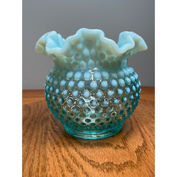 Vintage Fenton Blue Opalescent Hobnail Ruffled Rim Art Glass Vase -- #28011