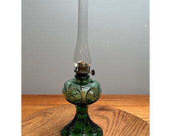 Antique Bullseye Pattern Green Glass Miniature Lamp Kerosene, 11 1/2 " tall
