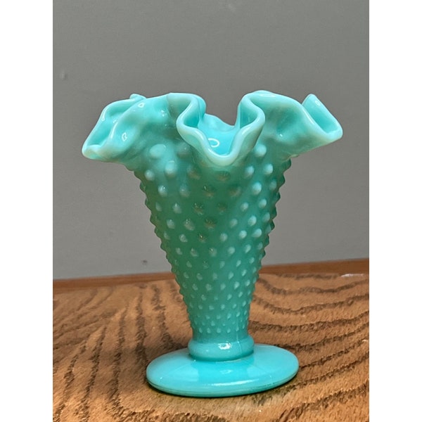 RARE Vintage Fenton Turquoise Milk Glass Hobnail Trumpet Vase Small (4"T X 3 3/4"W) with Ruffled Edge