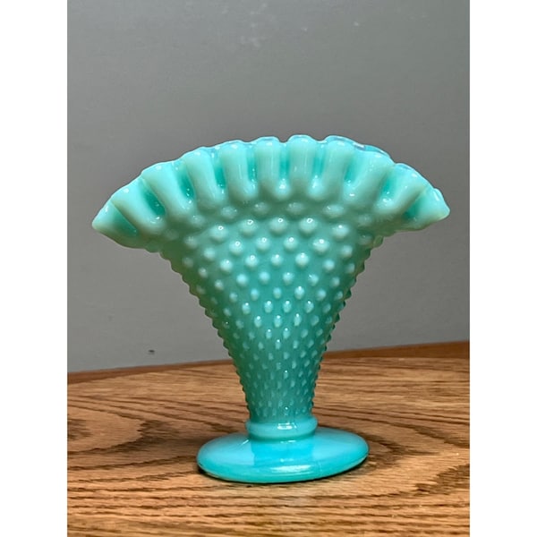 RARE Vintage Fenton Turquoise Milk Glass Hobnail Fan Vase Small with Ruffled Edge