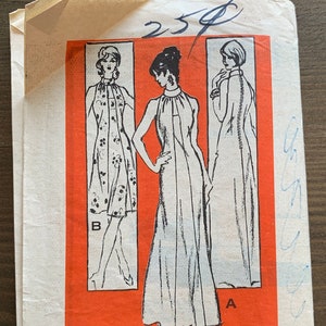 May include: Vintage sewing pattern for a dress with a high neckline and a long skirt. The pattern is printed on a red background with the text "Mr. Blackwell Prominent Designer M304 - SIZE 12" printed in black.